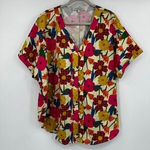 Miss Lulo 3X Floral Botanical Button Front Blouse Short Sleeve Top Retro Mod Art